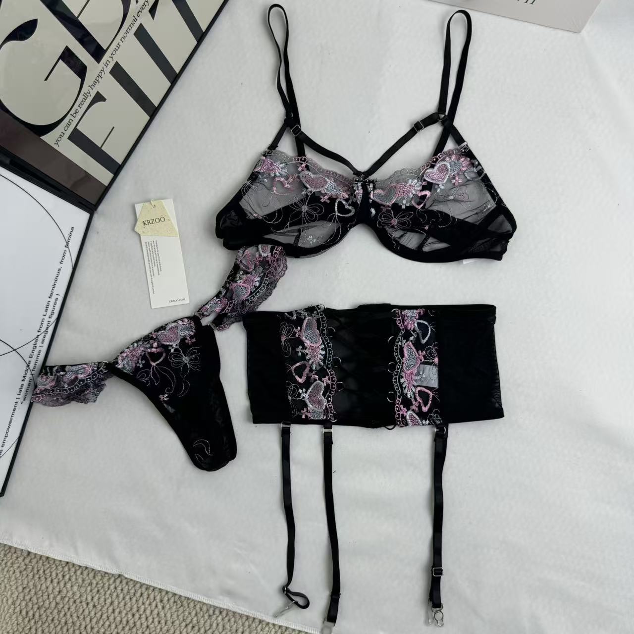 Three-Piece Embroidered Black mesh Set