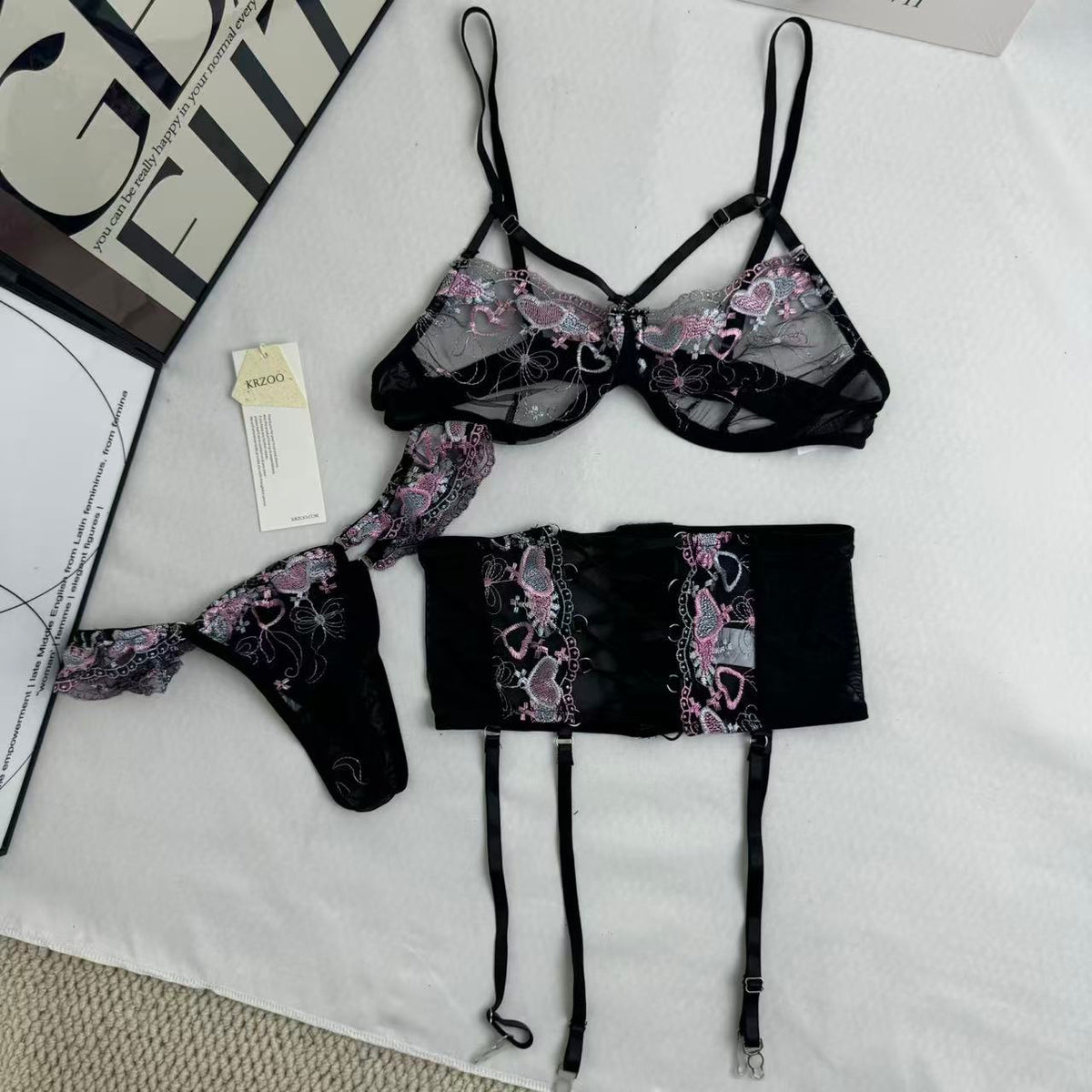 Three-Piece Embroidered Black mesh Set