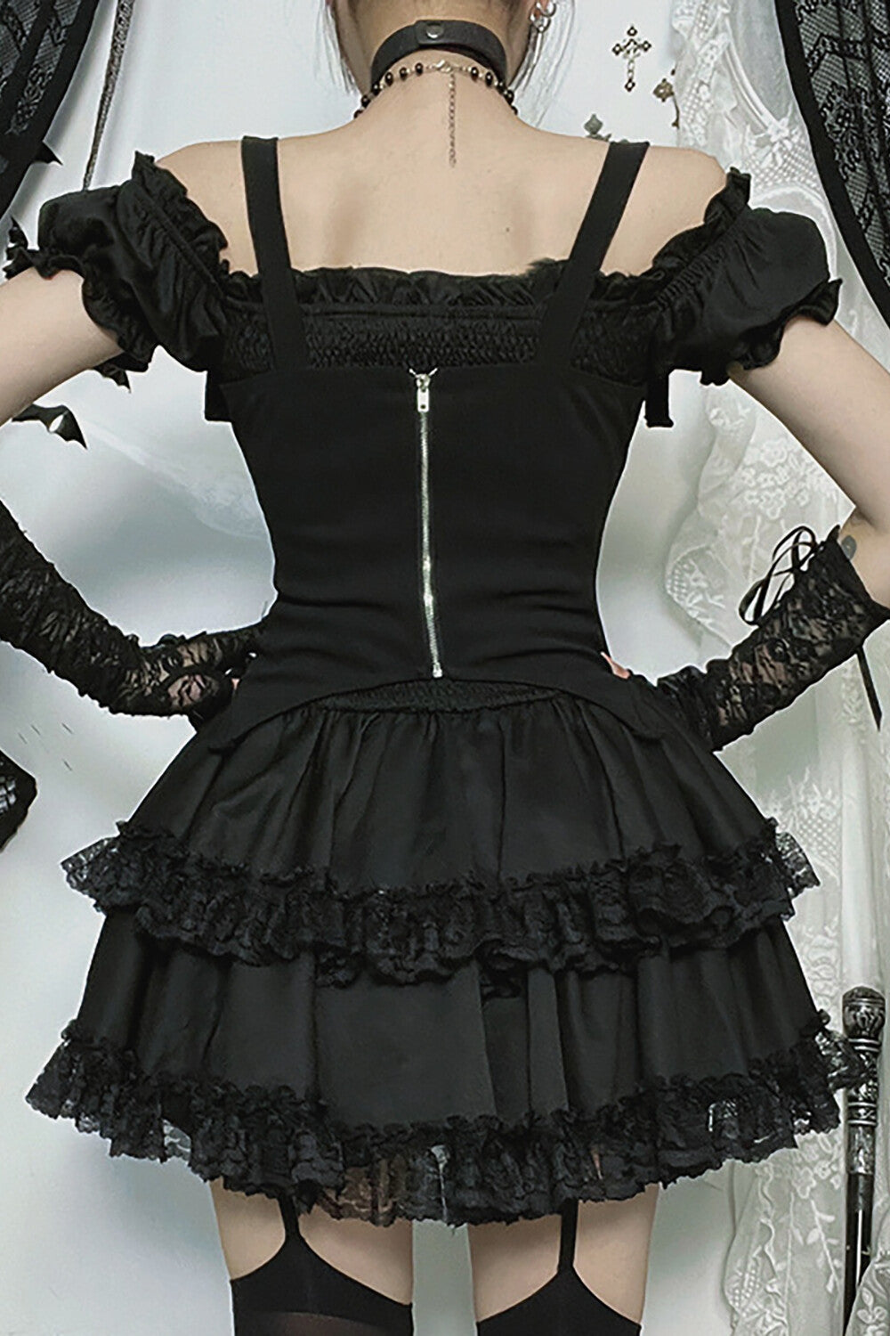 Cami Corset Off Shoulder Lace Ruffled Trim Mini Dresses 2pcs Set-Black