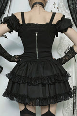 Cami Corset Off Shoulder Lace Ruffled Trim Mini Dresses 2pcs Set-Black