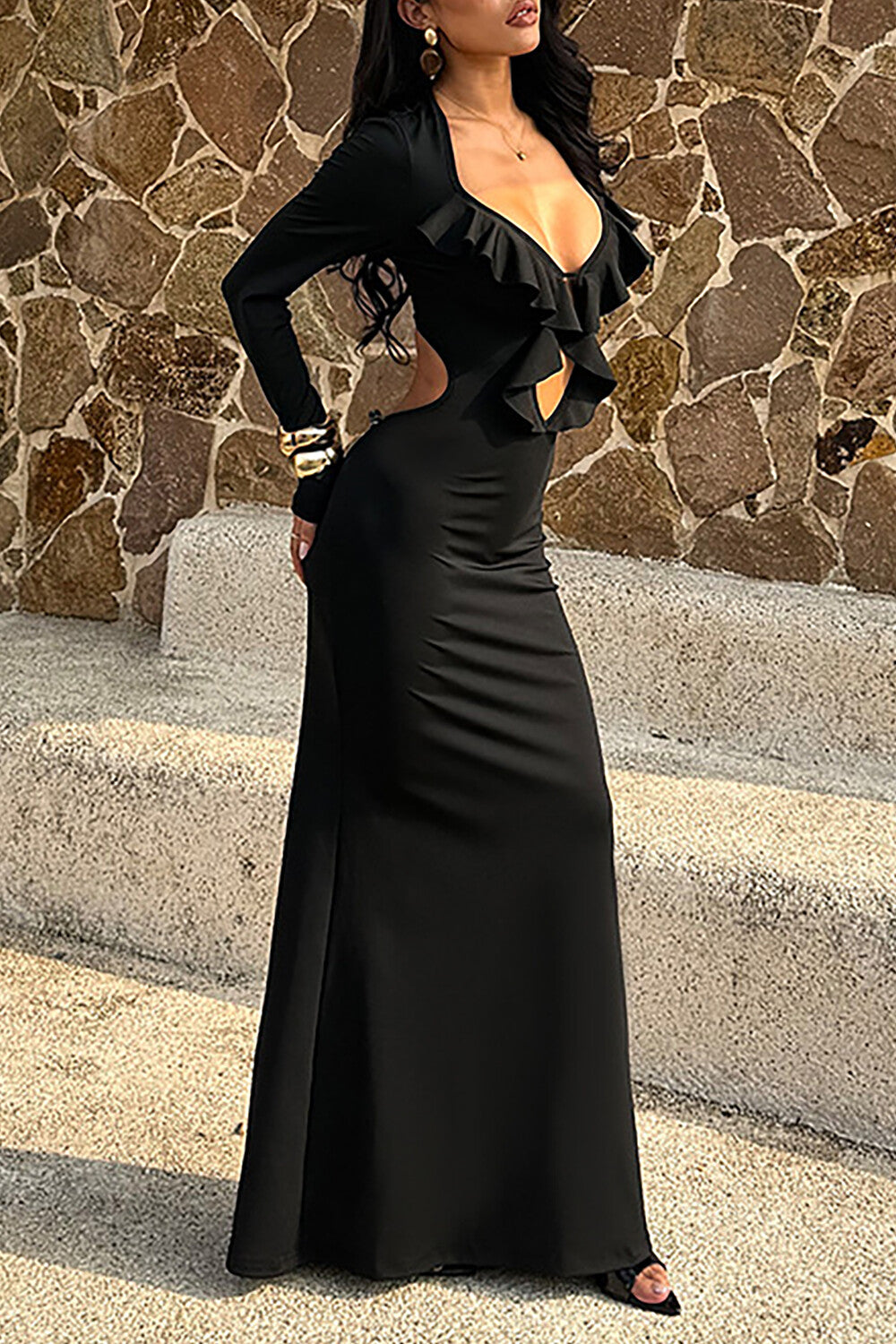 Ruffled Plunge Neck Long Sleeve Cutout Slim Fit Fishtail Maxi Dresses-Black