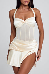 Gathered Halter Corset Wrinkle Layered Slit Mini Dresses-Beige Pre Order