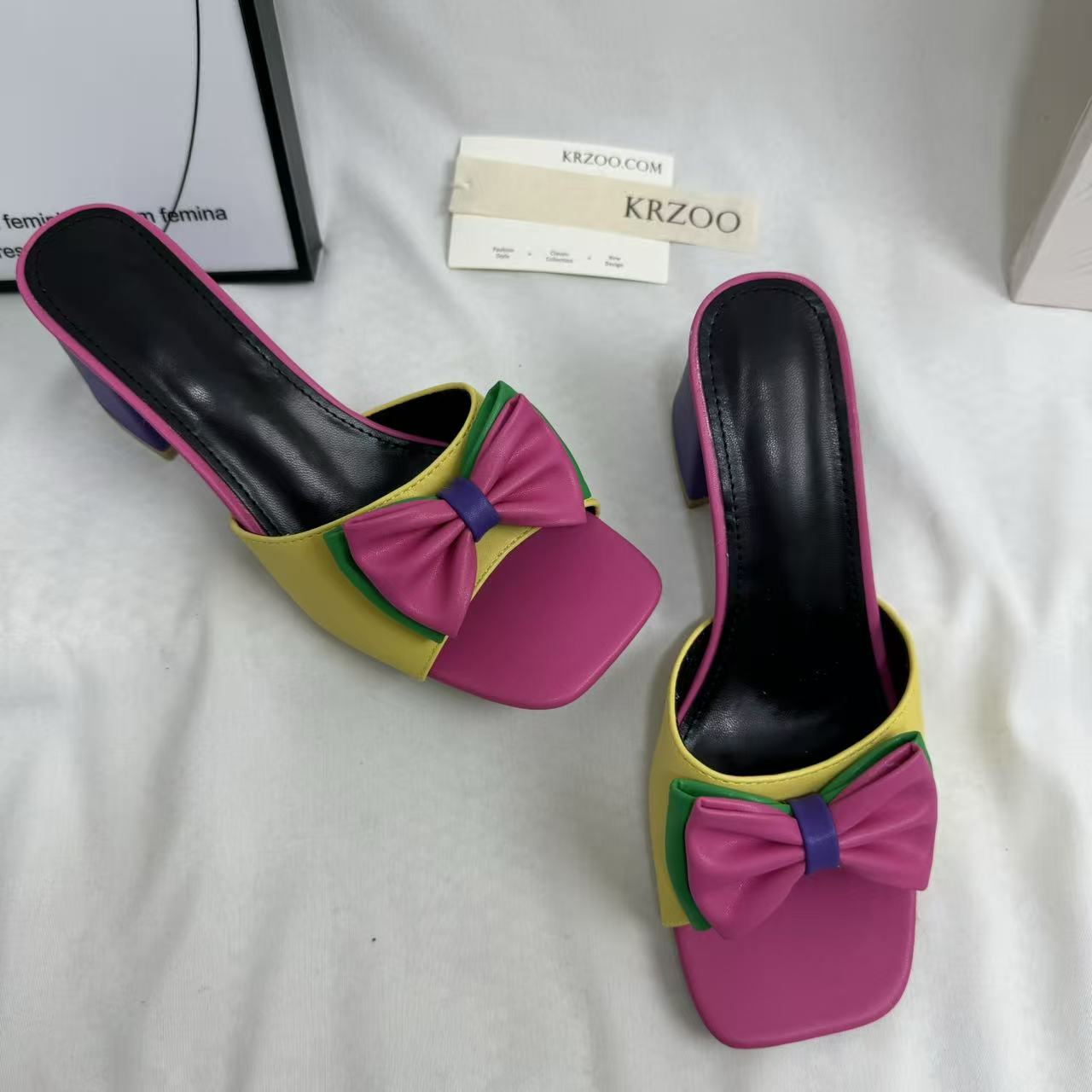 Square-Toe Mid-Heel Bow Slide Sandals