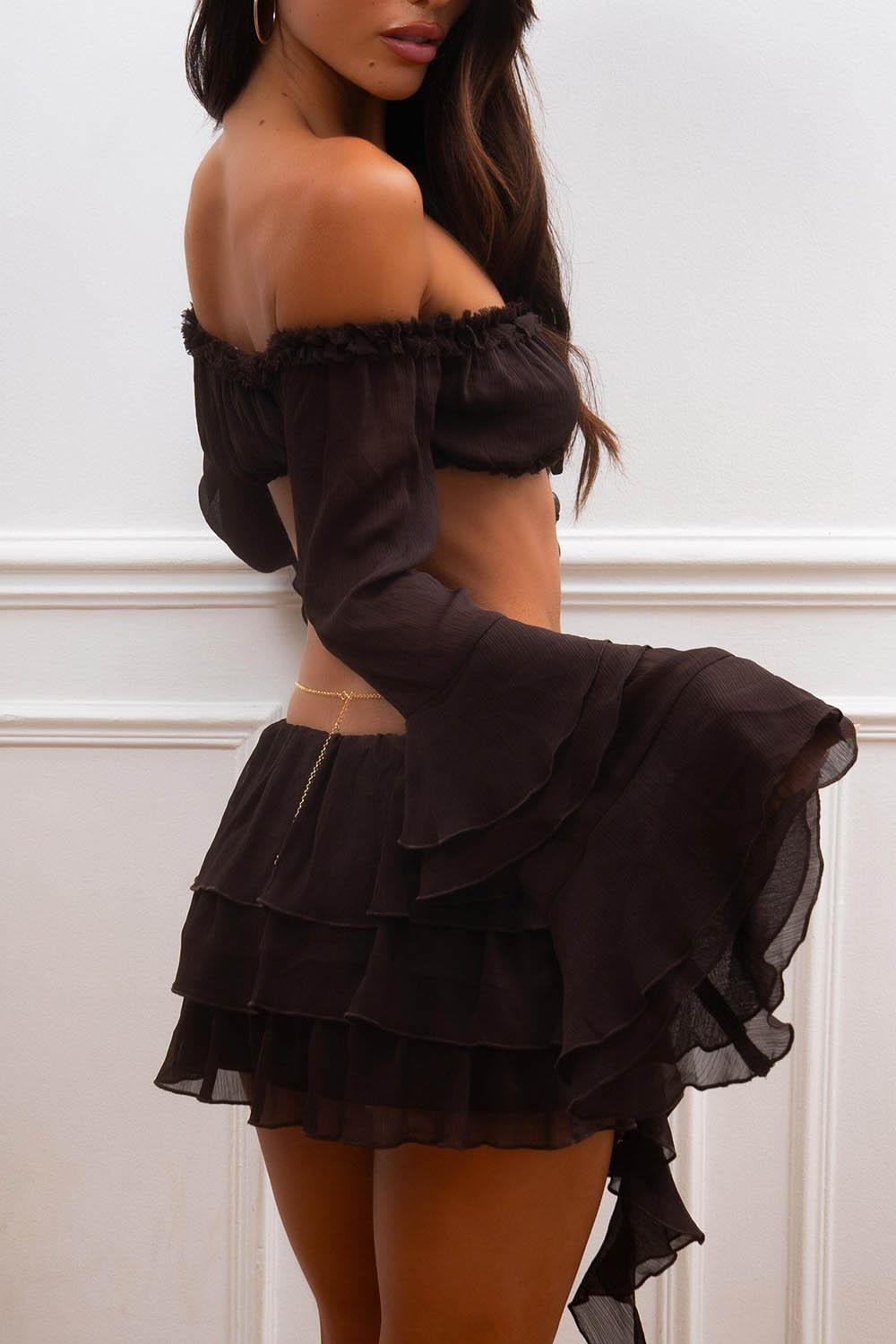 Off Shoulder Crop Top Ruffle Sash Mini Skirt 2pcs Set-Black Pre Order