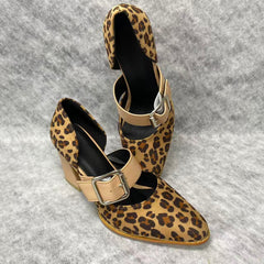 Sharp leather strap buckle with leopard print shoes