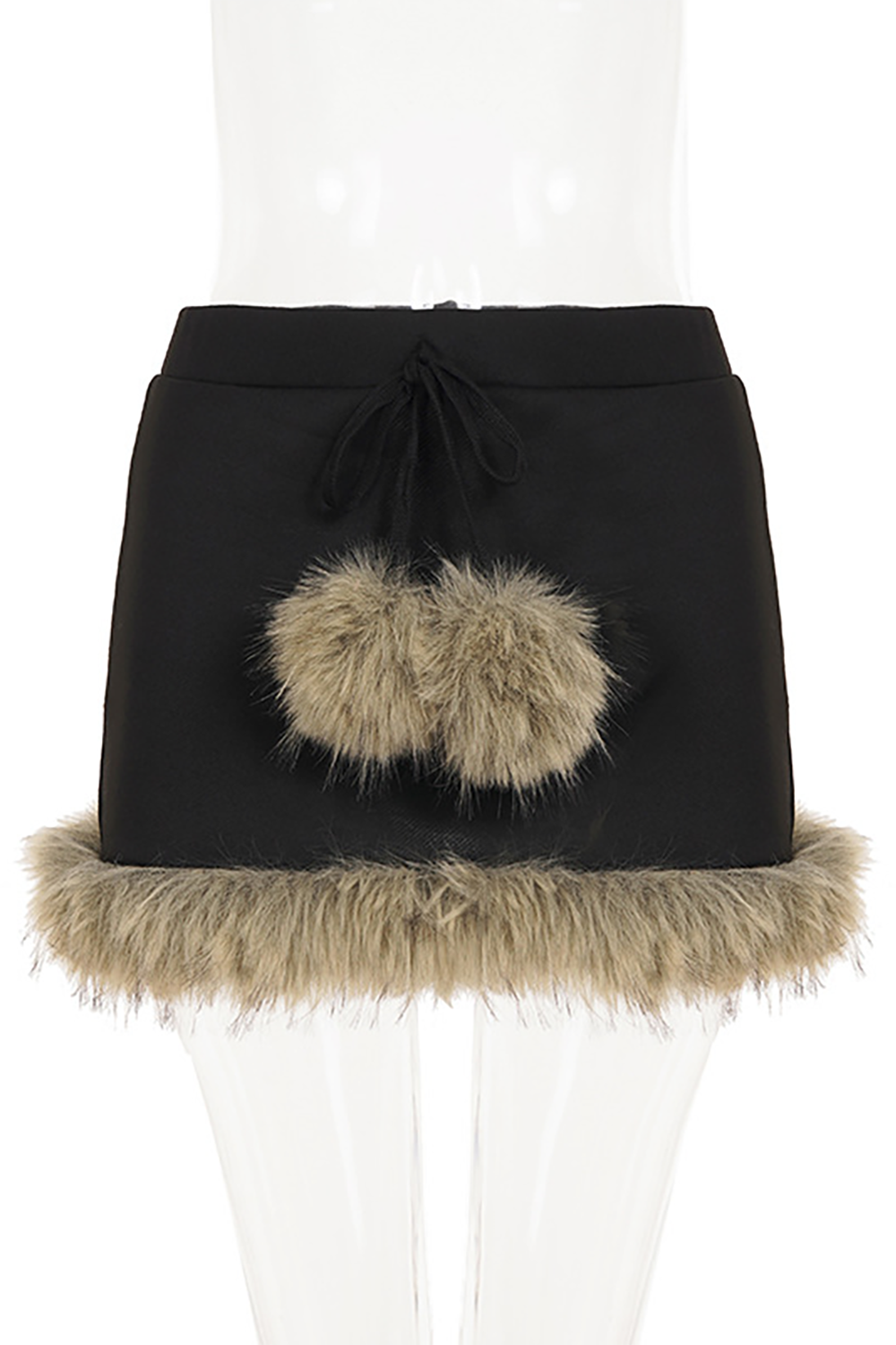 Faux Fur Patchwork Bodycon Tie Up Low-Rise Mini Skirt-Black