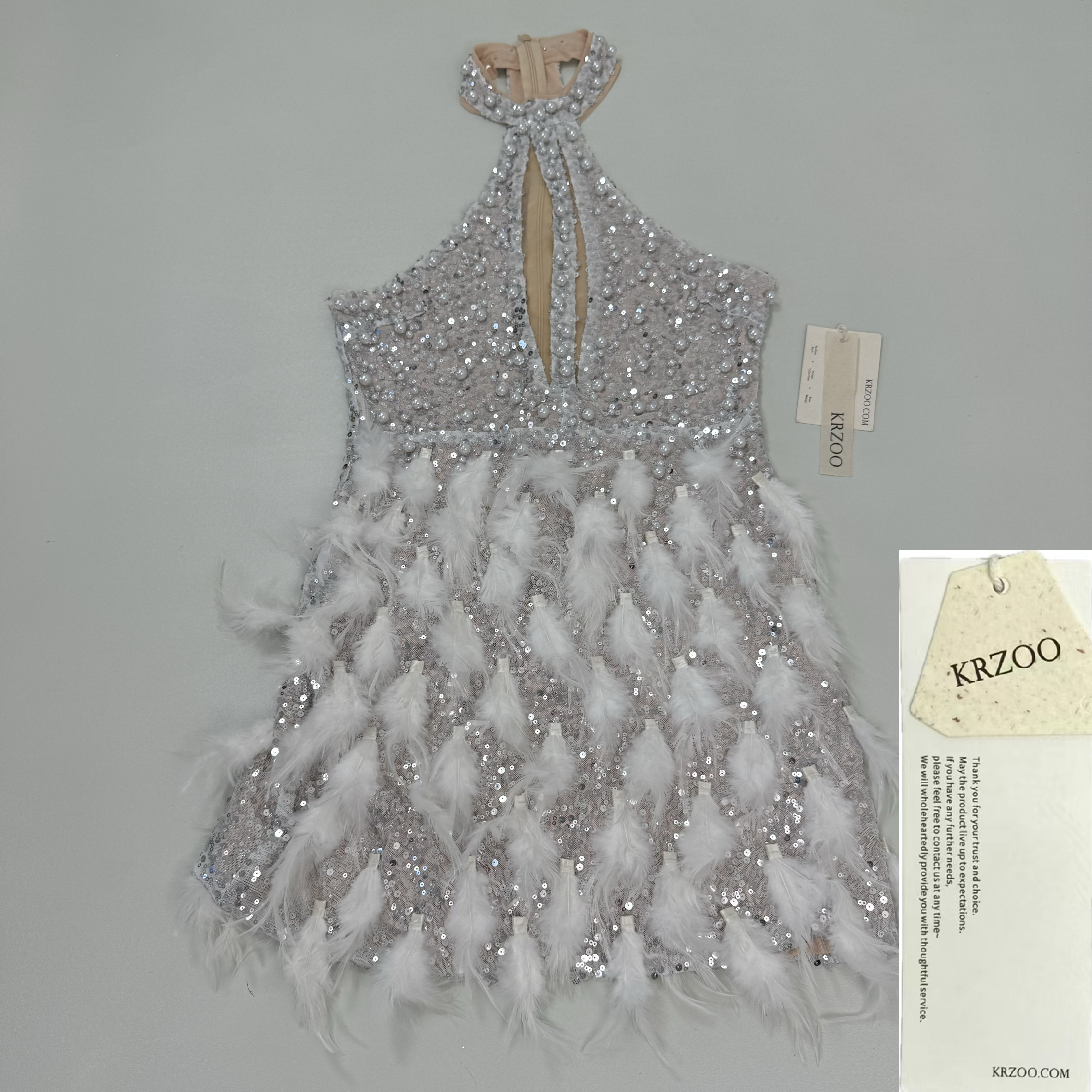 Backless pearl rhinestone feather dress