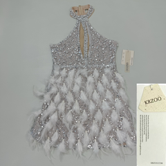 Backless pearl rhinestone feather dress