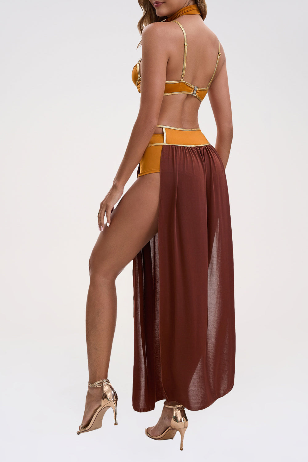 Cami Bra Colorblock Mesh Patchwork High Slit Maxi Skirt Set-Orange