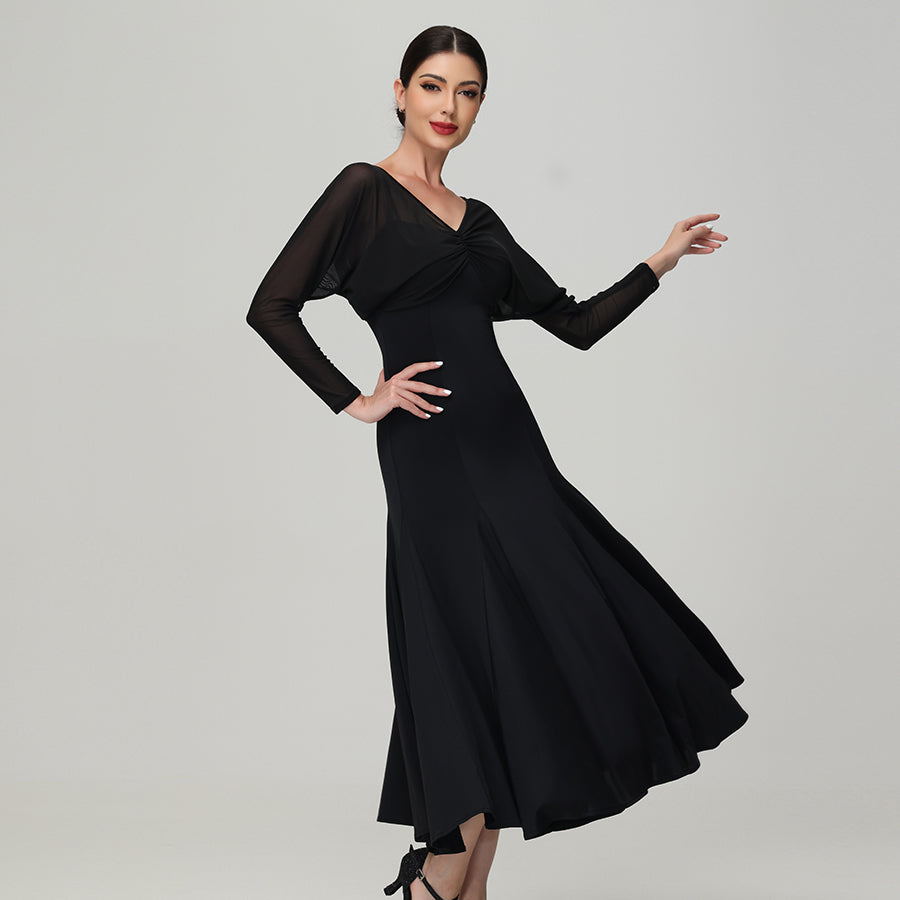 Customisable-Women's V Neck Long Sleeve WaltModern Ballroom Dance Dress Competition Dresses