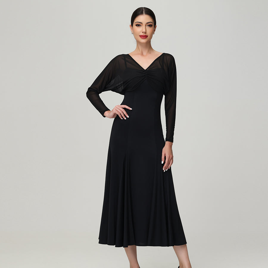 Customisable-Women's V Neck Long Sleeve WaltModern Ballroom Dance Dress Competition Dresses