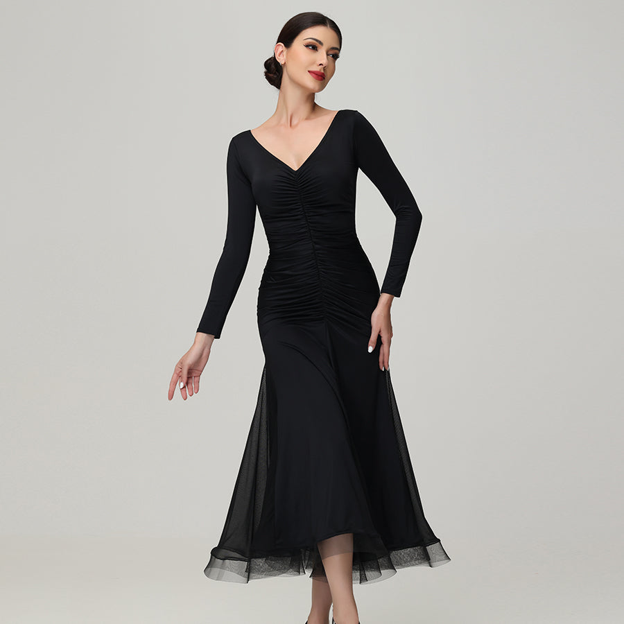 Customisable-Women's V Neck Long Sleeve WaltModern Ballroom Dance Dress Competition Dresses