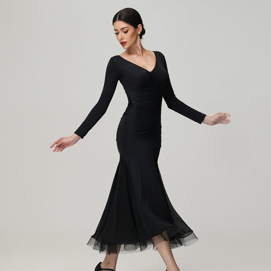 Customisable-Women's V Neck Long Sleeve WaltModern Ballroom Dance Dress Competition Dresses