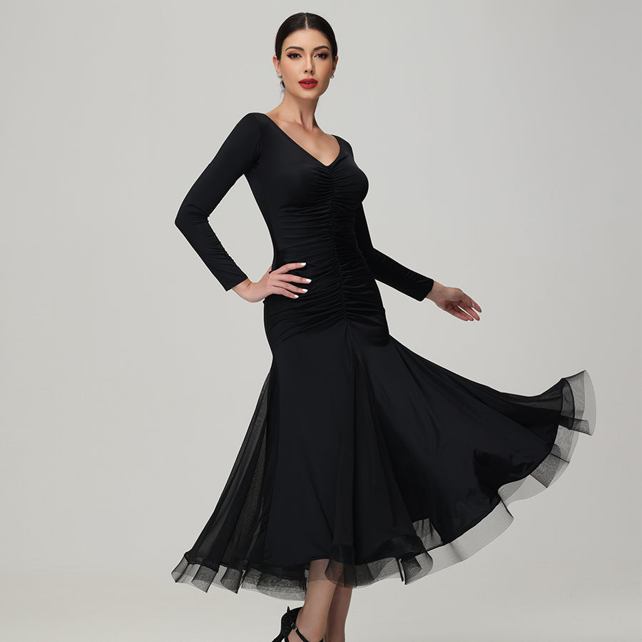 Customisable-Women's V Neck Long Sleeve WaltModern Ballroom Dance Dress Competition Dresses