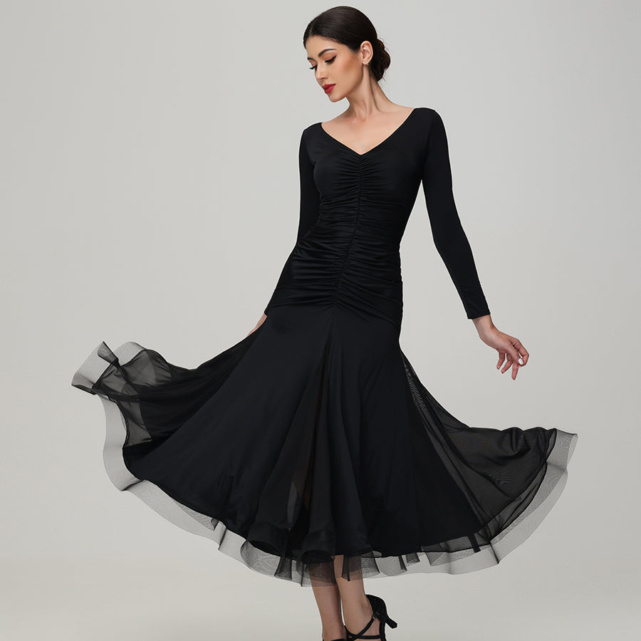 Customisable-Women's V Neck Long Sleeve WaltModern Ballroom Dance Dress Competition Dresses