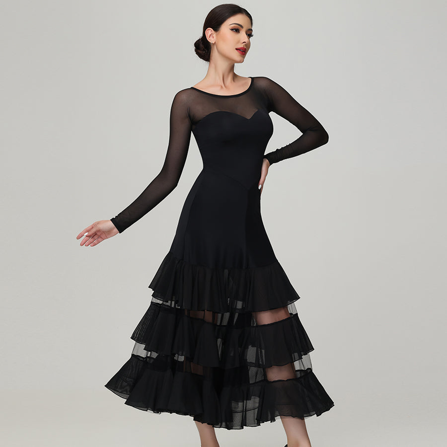 Customisable-Women's Round Neck Long Sleeve WaltModern Ballroom Dance Dress Competition Dresses