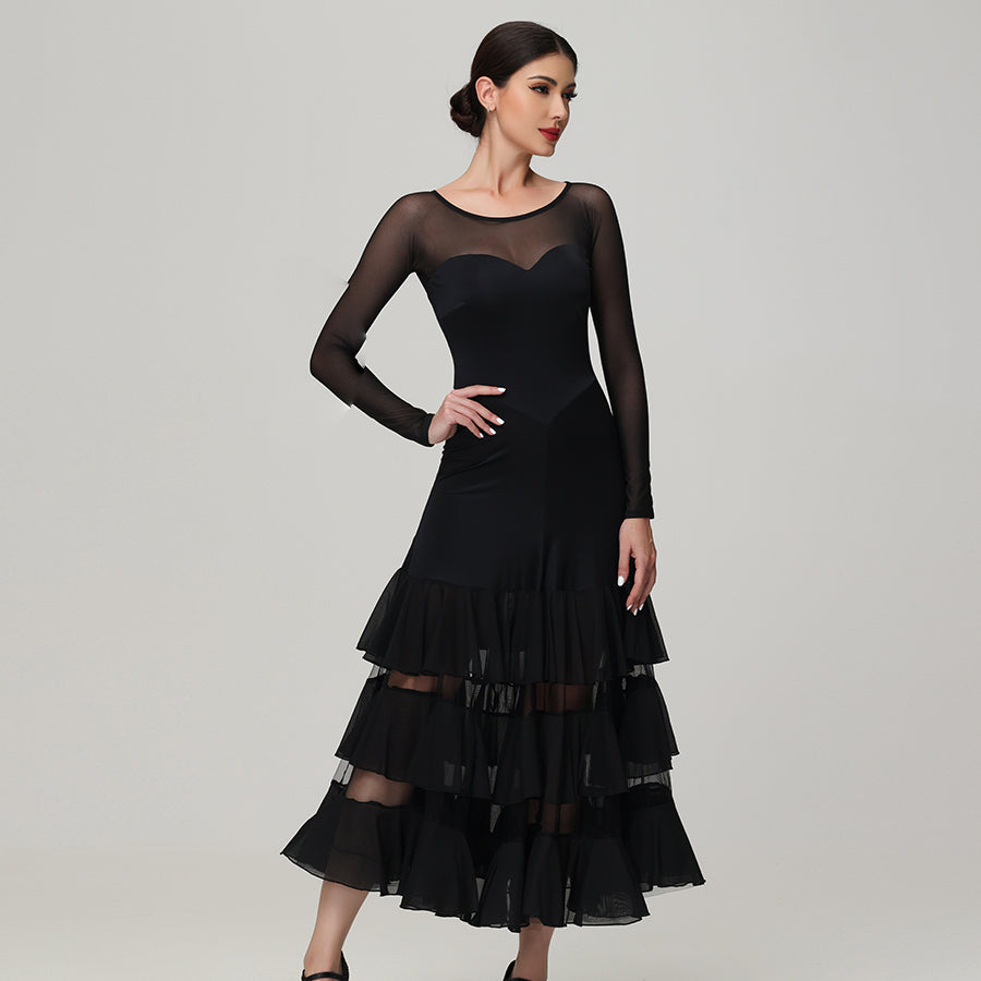Customisable-Women's Round Neck Long Sleeve WaltModern Ballroom Dance Dress Competition Dresses