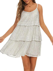 Sleeveless Backless V-Neck White Sequin Slip Dress