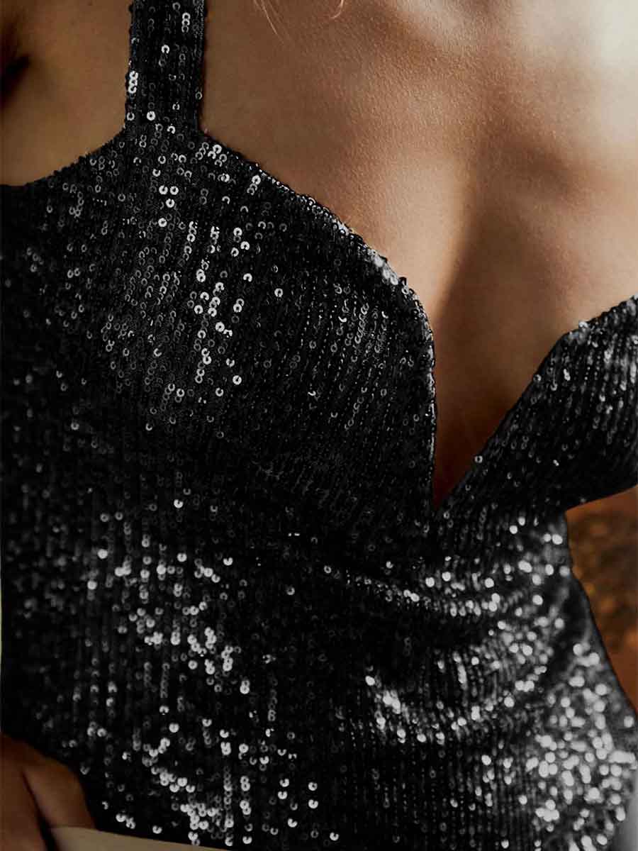 Suspender Sleeveless V Neck Sparkly Bodysuit Black