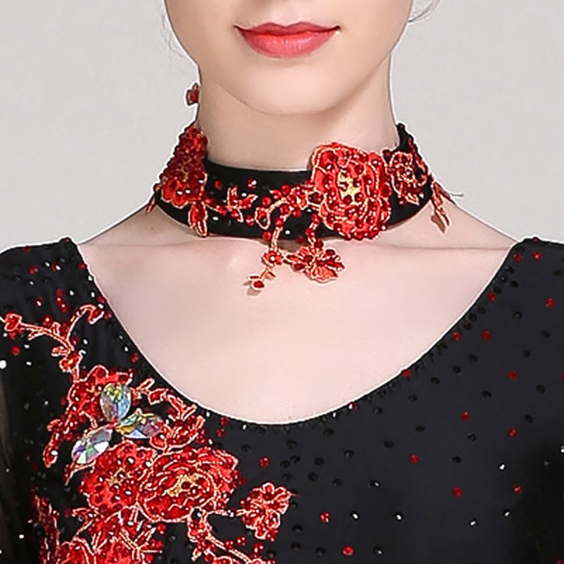 Women's Long Sleeve Lace Diamond WaltBallroom Dance Competition Modern Dance Large Swing Dress