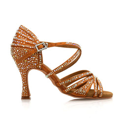 Women's Brown Customized Heel Open Toe Strappy Dance Shoes With Crystals