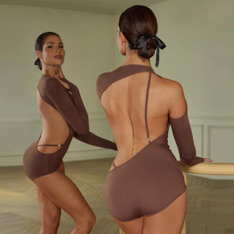 Women's Round Neck Long Sleeve Backless DanceWear Bodysuit Leotards