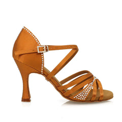 Women's Brown Semi Crystal Customized Heel Straps Latin Dance Shoes