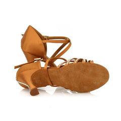 Women's Brown Customized Heel Strappy Knot Dance Shoes With Crystals Latin Dance Shoes