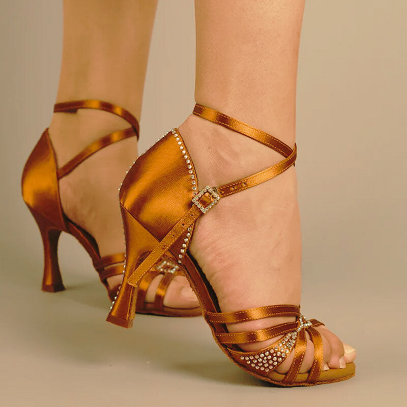 Women's Brown Semi Crystal Customized Heel Straps Latin Dance Shoes