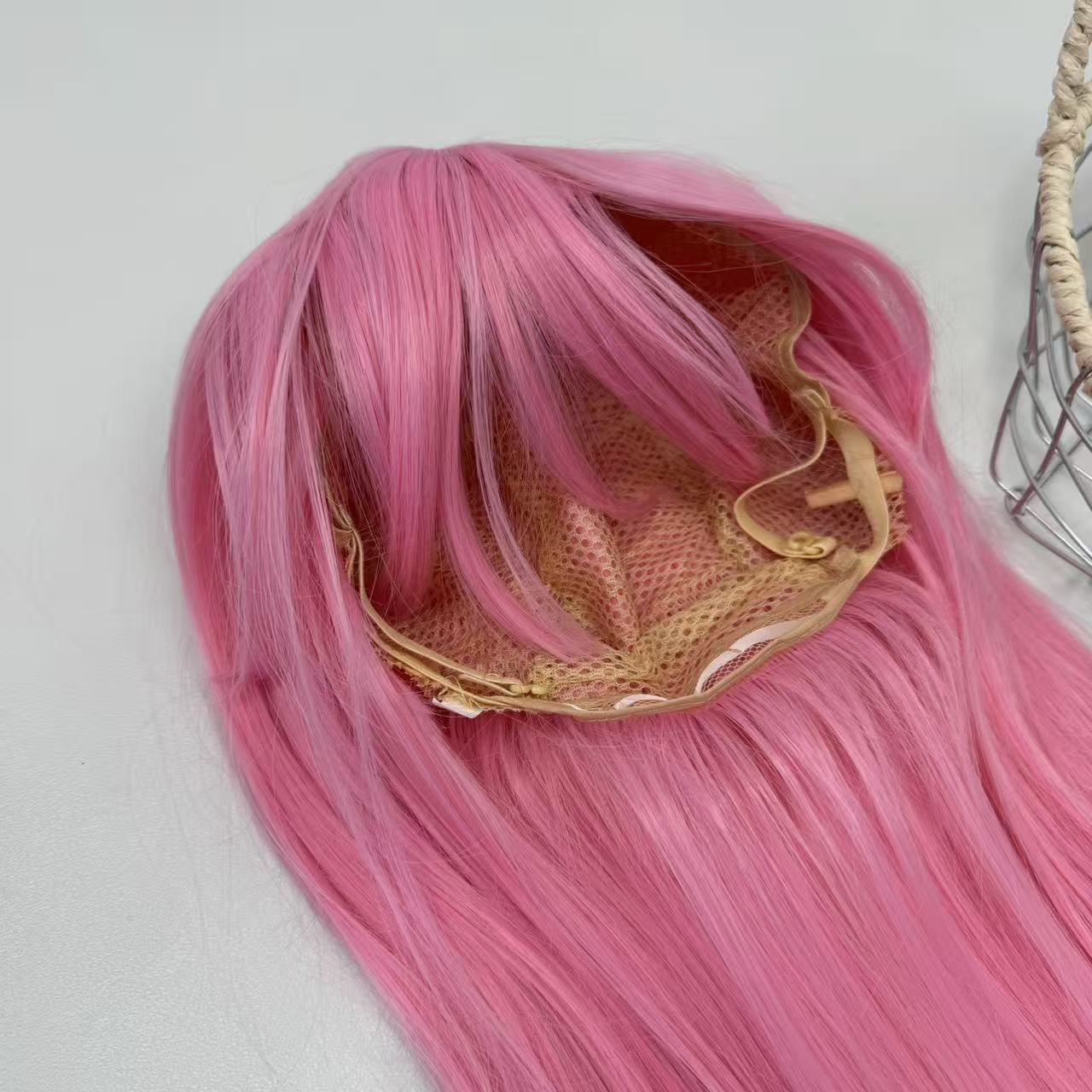 Pink long hair air-pressed fringe wig headgear