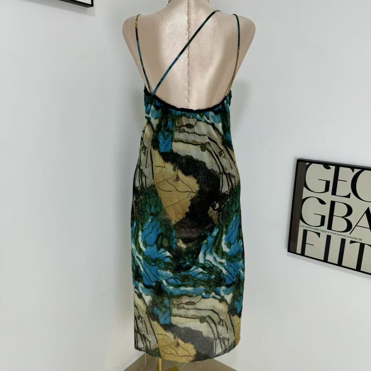Printed silk net halter top dress