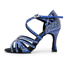 Women's Blue Black Satin & Rhinestones Sandal Customized Heel Latin Dance Heels