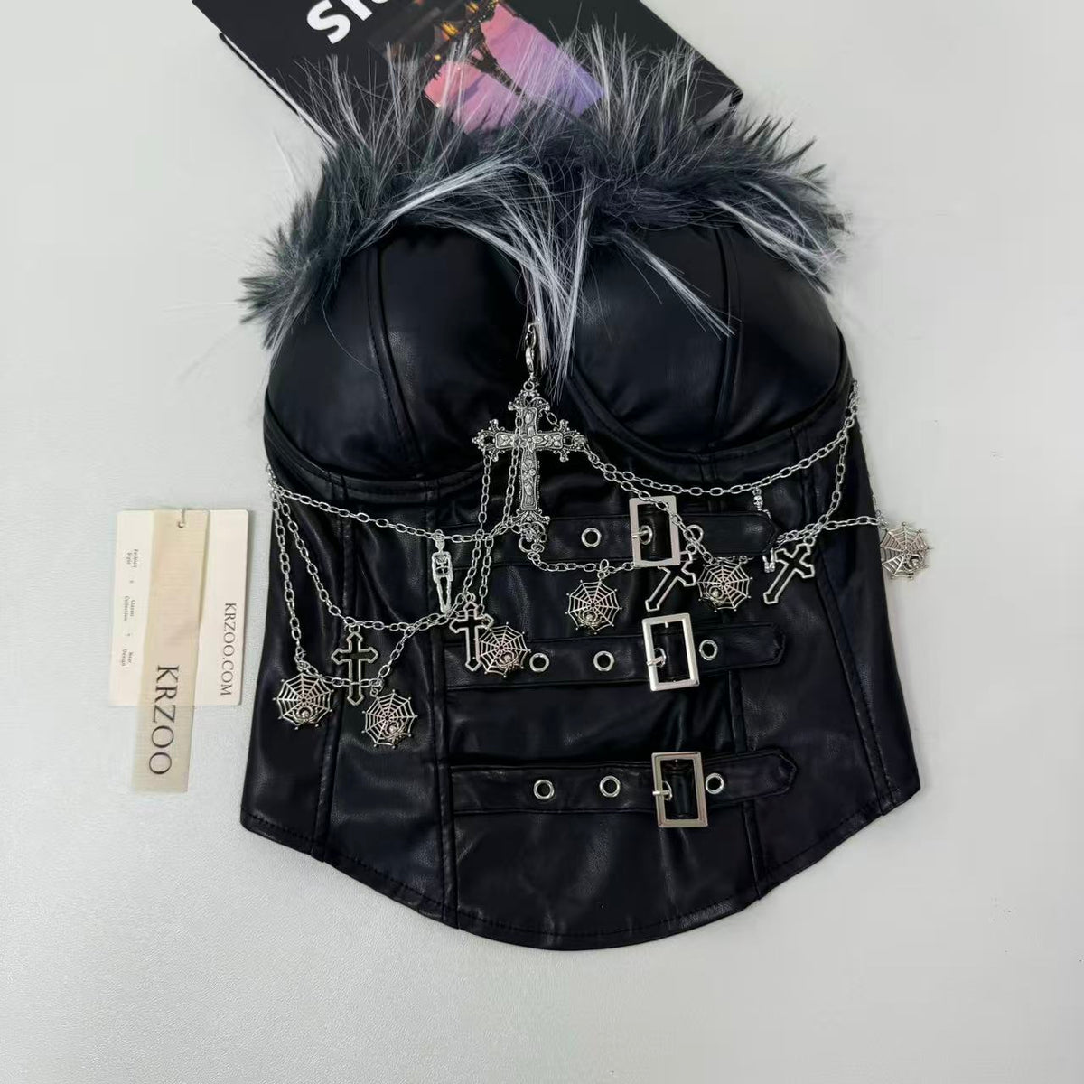 Ruffled PU leather strapless top