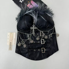 Ruffled PU leather strapless top