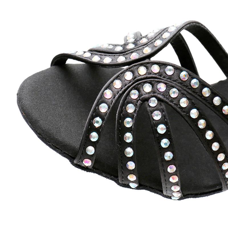 Women's Black Customized Heel Satin Rhinestones Strappy Ballroom Latin Dance Shoes