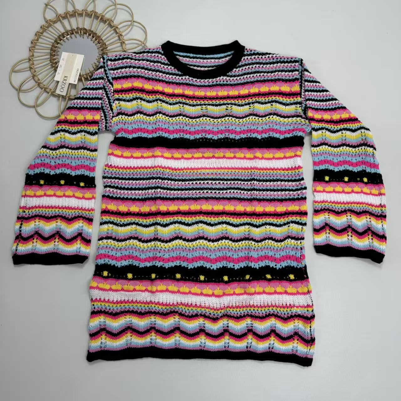 Rainbow-striped pullover mid-length sweater