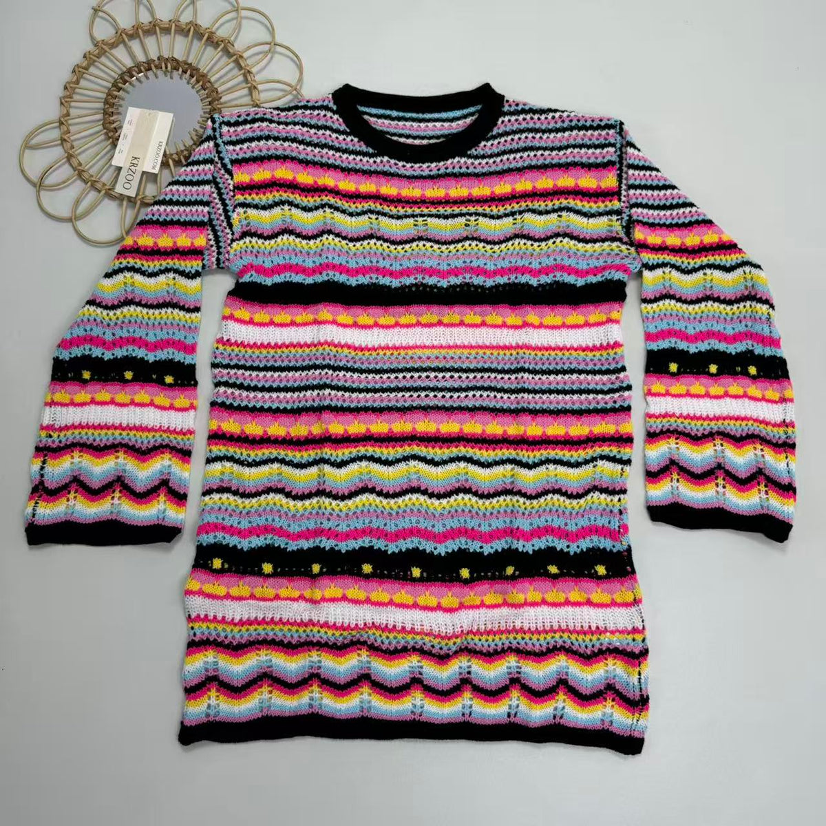 Rainbow-striped pullover mid-length sweater