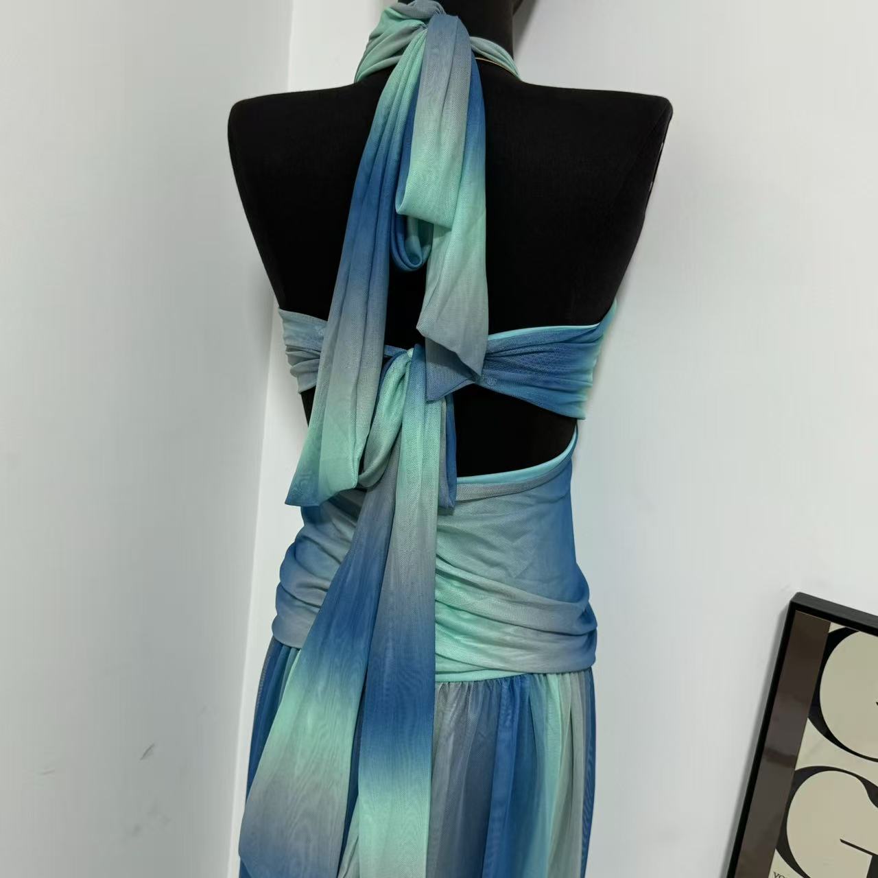 Printed Color-block Backless Strapless Dress
