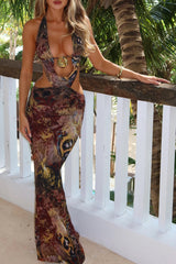 Mixed Print Cutout Slim Fit Halter Maxi Dresses Brown
