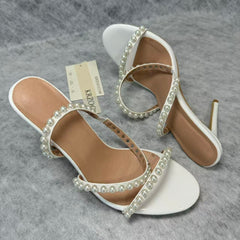 Open-toe rhinestone pearl high heels