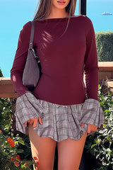 Plaid Print Patchwork Flare Sleeve Bubbled Hem Casual Mini Dresses-Burgundy
