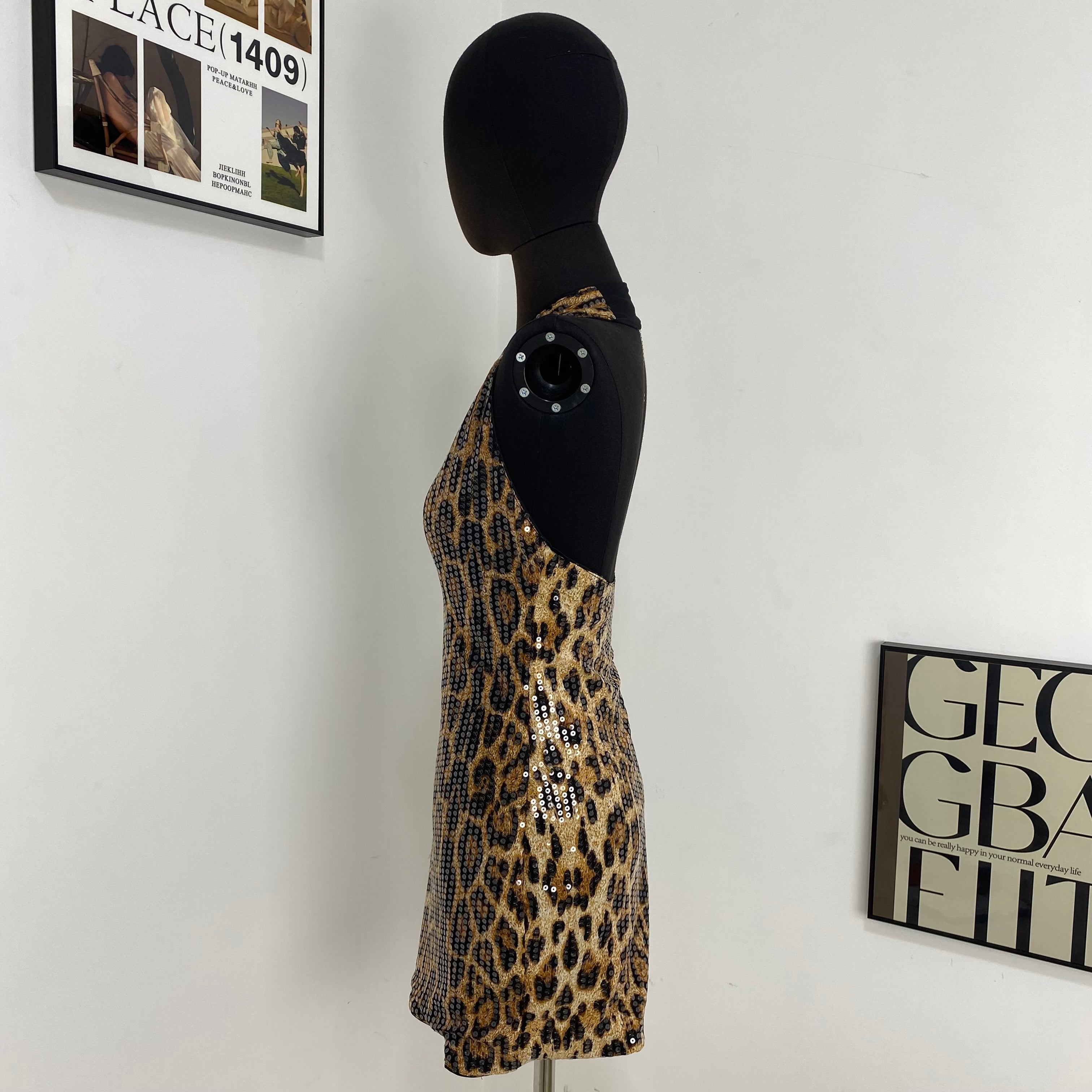 Leopard Print Sequined Backless Dress