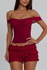 Off Shoulder Cinch Waist Top Shirred Mini Skirt 2pcs Set-Red Pre Order