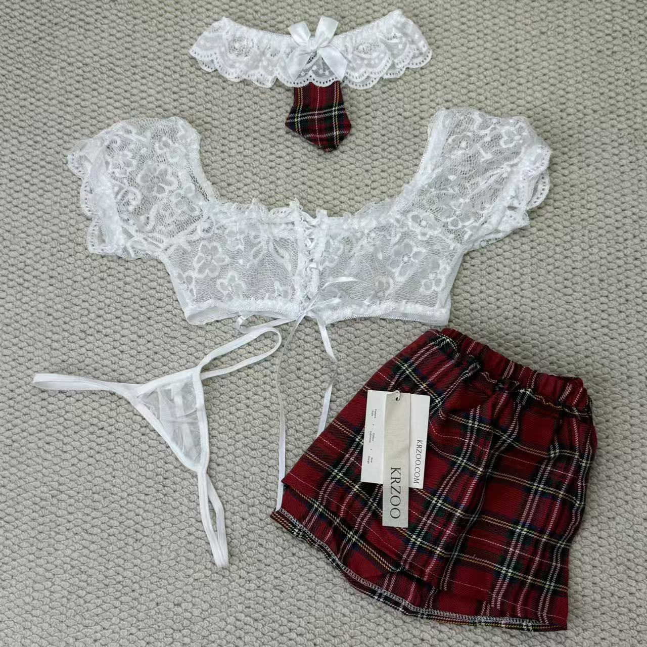 Belted lace-checkered short dress set
