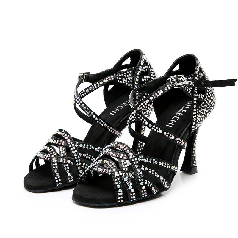 Women's Black Customized Heel Satin Rhinestones Strappy Dance Shoes