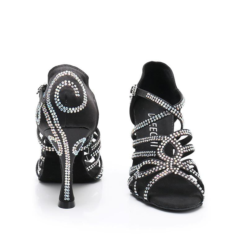 Women's Black Satin Customized Heel Ballroom Rhinestones Strappy Dance Shoes