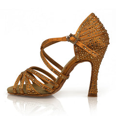 Women's Brown 9cm Strappy Satin Rhinestones Sandal Latin Dance Shoes