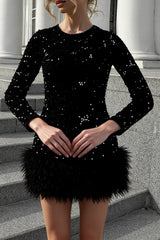 Sequins Round Neck Long Sleeve Plush Patchwork Hem Mini Dresses-Black