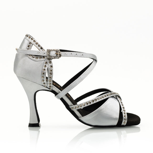 Women's Silver Customized Heel Open Toe Strappy Dance Shoes with Crystals