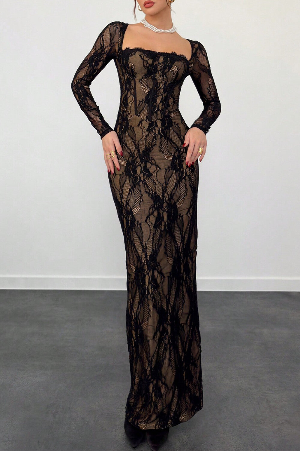 Square Neck Long Sleeve Lace Slim Fit Slit Hem Maxi Dresses-Black